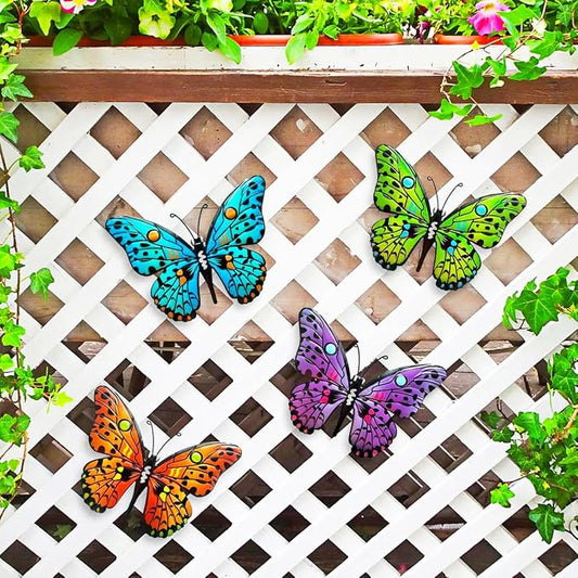 4 Pack Metal Butterfly Wall Decor Yard Art, 9.6" 3D Butterflies Outdoor Fence Decor Hanging Decorations for Garden Patio Balcony Front Porch Living Room Home Vibrant Colored Bohemian Geometric