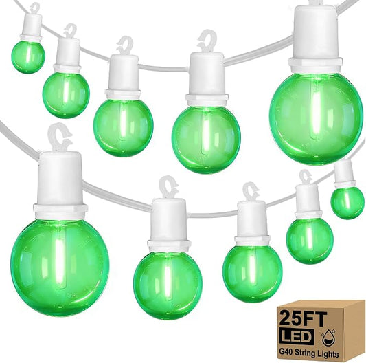 LED St. Patrick's Day String Lights, 25Ft St Patricks Decorations Outdoor | 25+2 G40 Round Bulbs, Connectable, Hanging Patio Lights Shatterproof for Indoor Home Decor Party, White Wire, Clear Green