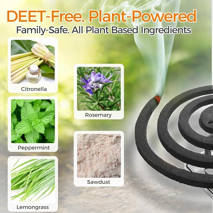 20 Pack Mosquito Repellent Coils, Natural Citronella Mosquito Coils Outdoor Indoor - 7 Hour Long Lasting Bug Repellent for Yard, Camping - Plant Based Insect Control with 1 Holder 2 Stands