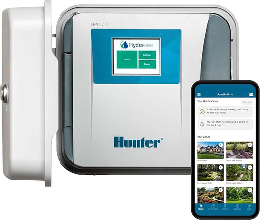 Hunter HPC400 Sprinkler Controller, 4-Zone, WiFi Smart Sprinkler Timer | Indoor/outdoor 4-station irrigation controller with Hydrawise app control, touchscreen, and expansion up to 32 zones