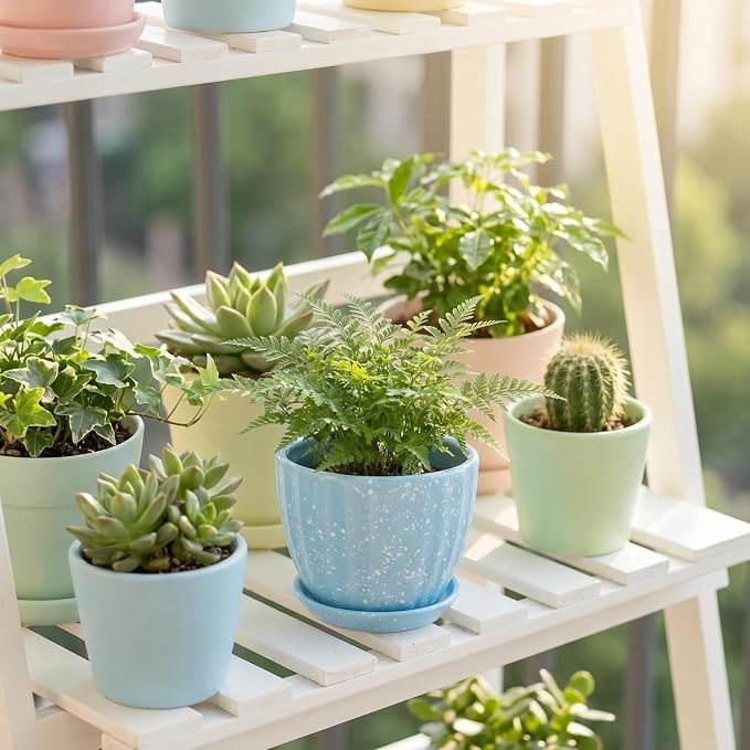 4 Inch Ceramic Indoor Succulent Plant Pots with Drainage Holes and Saucers, Bonsai Planter for Succulent, Cactus, Small Flowers (Blue)