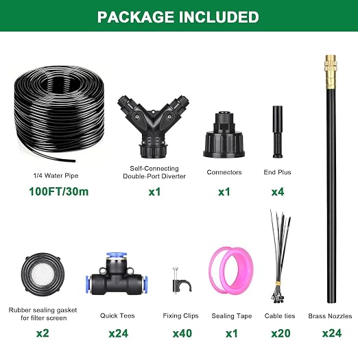 Drip Irrigation System, 2026-Upgrade 100Ft 1/4" Garden Watering System with 24 Pcs 360° Adjustable Copper Nozzles, DIY Kit for Garden, Lawn, Greenhouse, Raised Beds & Outdoor Plants
