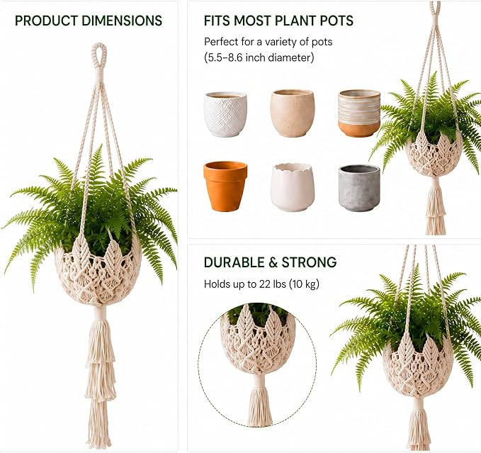 Shappy 1 Pack Boho Macrame Plant Hanger, Large Hanging Planter Plant Holder Pot Hanger Hanging Basket Wall Planters, Plants Lover Gift for Indoor Garden (Twist Braid,White)