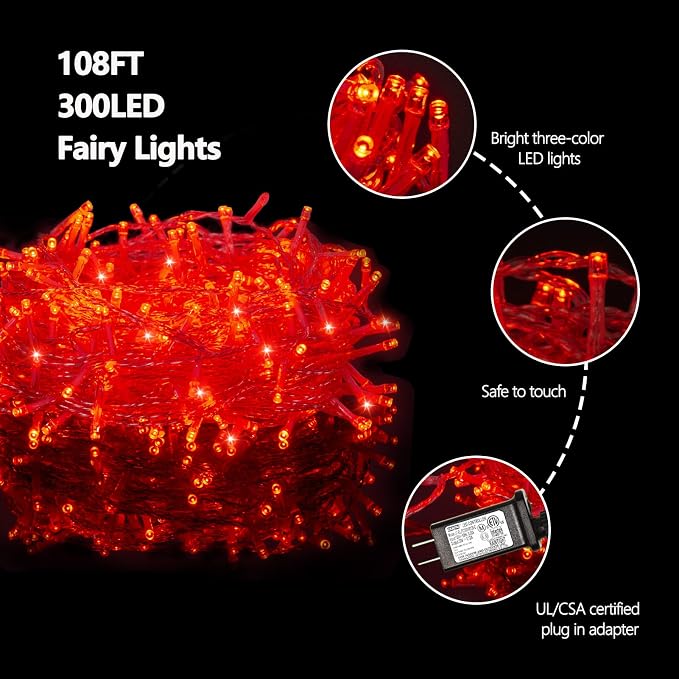 300 Led Red String Lights Outdoor Waterproof Christmas Decorations, 108 Ft Fairy Lights for Bedroom, 8 Modes Plug in Christmas Lights for Outside Room Decor