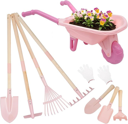 Kids Gardening Set with Wheelbarrow, Metal Kid Gardening Tools Set with Long Handle Tool, Hand Tool & Gloves, Backyard Gardening Tools for Kids Outdoor Play Birthday Gifts