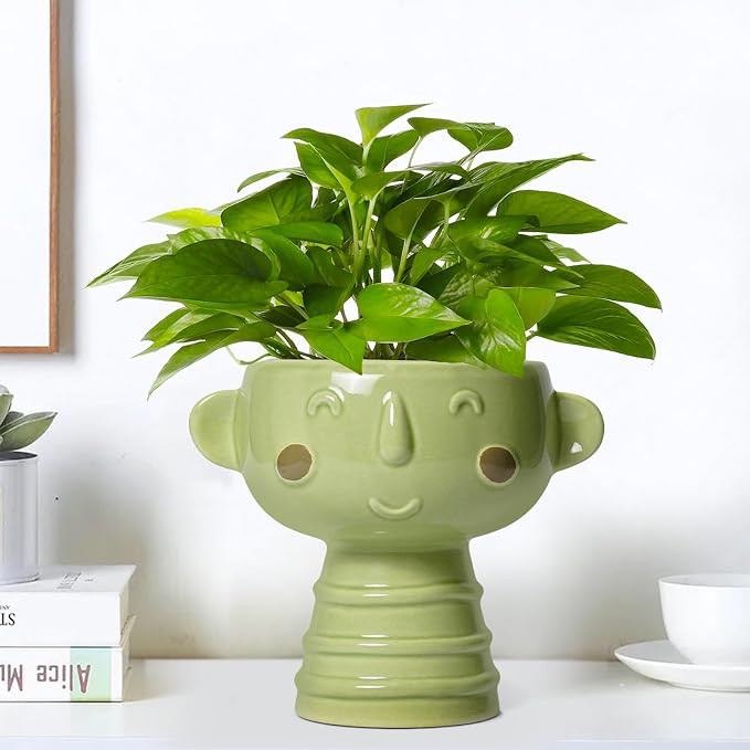 Face Planter Pots Head - 7 Inch Ceramic Succulent Plant Pots with Drainage Hole, Cute Head Planters for Indoor Outdoor Plants, Room Desk Office Decor, Plant Lover Gifts, Green