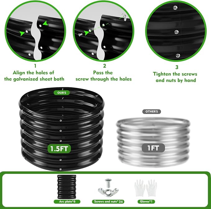 YSEJOMP 17" Tall 24" Diameter Round Raised Garden Bed Kits Outdoor Black | 1.5 FT Tall,2FT Planter Bed for Flowers,Herbs,Vegetables,Trees,0.8MM Thick Galvanized Metal Painted,with Gloves,Tool free
