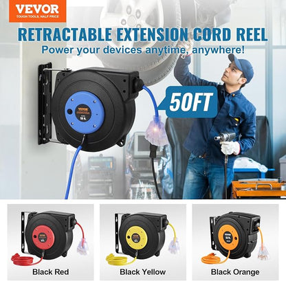 VEVOR Retractable Extension Cord Reel, 50 FT, Heavy Duty 14AWG/3C SJTOW Extension Power Cord with Lighted Triple Tap Outlet, 13A Circuit Breaker 180° Swivel Bracket for Ceiling or Wall Mount, Blue