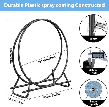 40 Inch Metal Pipe Firewood Rack Circle - Black Steel Log Holder for Indoor and Outdoor Use,Firewood Storage Organizer for Fireplace, Patio, or Backyard (3.3 FT Diameter Rack)