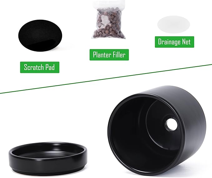 D'vine Dev 4.7 Inch Ceramic Planter Pot, Black, 94-O-B-2 | Modern Cylinder Design, Drainage Hole & Saucer Included, Stable Structure, Elegant Home Accent