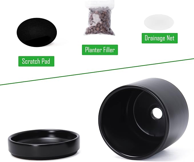 D'vine Dev Set of 4 Small Ceramic Plant Pots, 3.5 Inch Succulent Planter Pot for Plants with Drainage Hole and Saucer, Black, 94-X-A-2