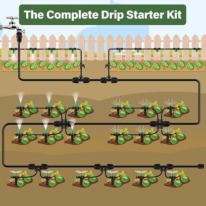 Kalolary 133FT Quick-Connect Drip Irrigation System Kit, Automatic Garden Watering System with 1/4" & 1/2" Tubing,Push-to-Fit Fittings & Adjustable Drip Emitters for Raised Garden Beds Greenhouse Lawn
