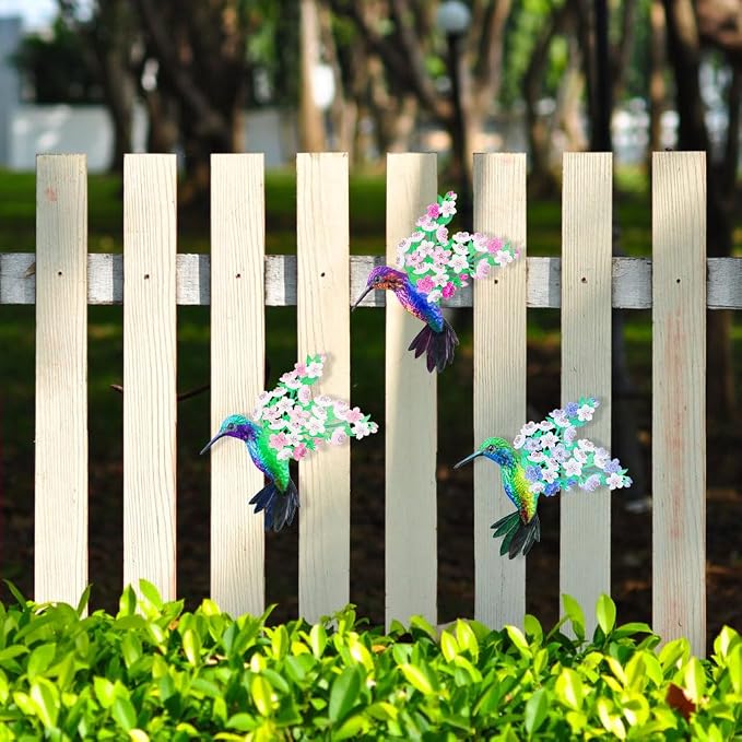 Metal Hummingbird Wall Decor, 12" Large Hanging Metal Birds Outdoor Wall Decor Art, Flowers Wings Hummingbird Decor for Garden Yard Patio Fence Living Room Bedroom