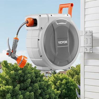 VEVOR Retractable Garden Hose Reel, 1/2 Inch x 145 ft Wall Mounted Hose Reel, Heavy Duty Garden Hose Reel with 9 Patterns Nozzle, Any Length Lock, Upgraded Slow Return System and 180°Swivel Bracket | Heavy Duty Garden Tool with 9 Patterns Nozzle, Any L...