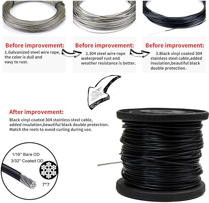 YQL Outdoor Lights Hanging Kit,Globe String Lights Suspension Kit,164ft Black Vinyl-Coated 304 Stainless Steel Cable,String Light Guide Wire,Hook & Eye Turnbuckle Wire Rope Tension | Heavy Duty 164ft Black Vinyl Coated Suspension Kit with Turnbuckle Te...