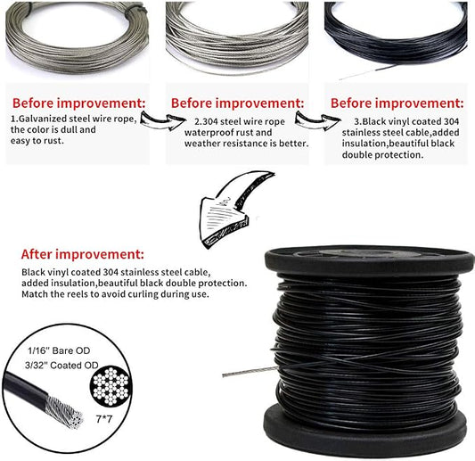YQL Outdoor Lights Hanging Kit,Globe String Lights Suspension Kit,164ft Black Vinyl-Coated 304 Stainless Steel Cable,String Light Guide Wire,Hook & Eye Turnbuckle Wire Rope Tension | Heavy Duty 164ft Black Vinyl Coated Suspension Kit with Turnbuckle Te...