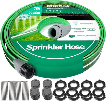 75FT Three-Tube Flat Sprinkler Hose with Holes with U-Shaped Stakes | Heavy Duty Soaker Hose for Garden, Dual Mode Sprinkler Hoses for Lawn, Flexible Irrigation Hose for Yard, Linkable Drip Hose