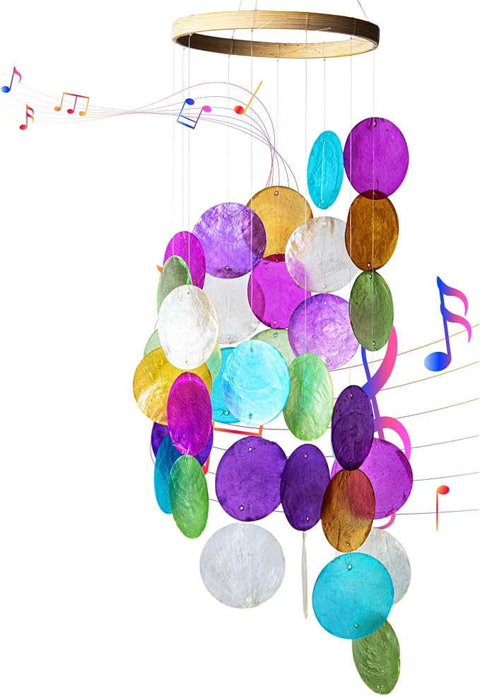 YU FENG 19.6 Inch Capiz Seashell Wind Chimes, Coastal Garden Decor | Hand Painted Metal Mobile, Rainbow Shell Design, Outdoor Hanging Ornament, Patio Yard Home Window Decoration