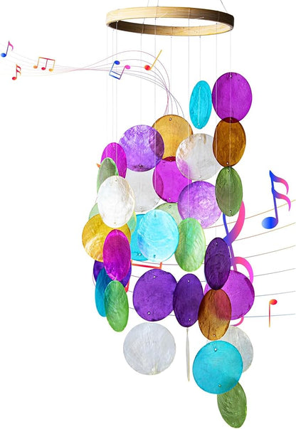 YU FENG 19.6 Inch Capiz Seashell Wind Chimes, Coastal Garden Decor | Hand Painted Metal Mobile, Rainbow Shell Design, Outdoor Hanging Ornament, Patio Yard Home Window Decoration