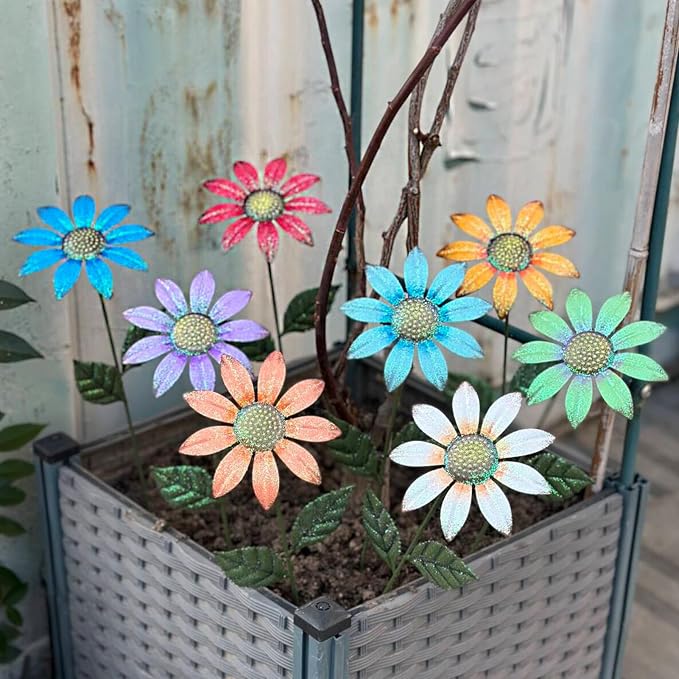 HUTHDAK Metal Flowers for Outside,8 Pack 16.15" Decorative Garden Stakes with Swaying Flowers Head Yard Art,Spring Garden Decor for Lawn, Pathway & Garden