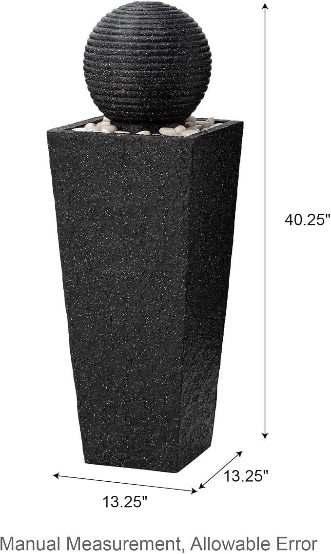 Glitzhome Outdoor Water Fountain with LED Light, Oversized Decorative Black Pedestal Water Fountains with Submersible Pump, Modern Sphere Floor Fountain with Pebbles for Garden Patio Decor, 40.25" H