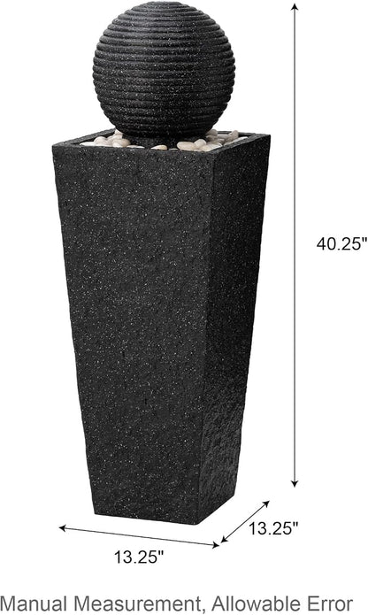 Glitzhome Outdoor Water Fountain with LED Light, Oversized Decorative Black Pedestal Water Fountains with Submersible Pump, Modern Sphere Floor Fountain with Pebbles for Garden Patio Decor, 40.25" H