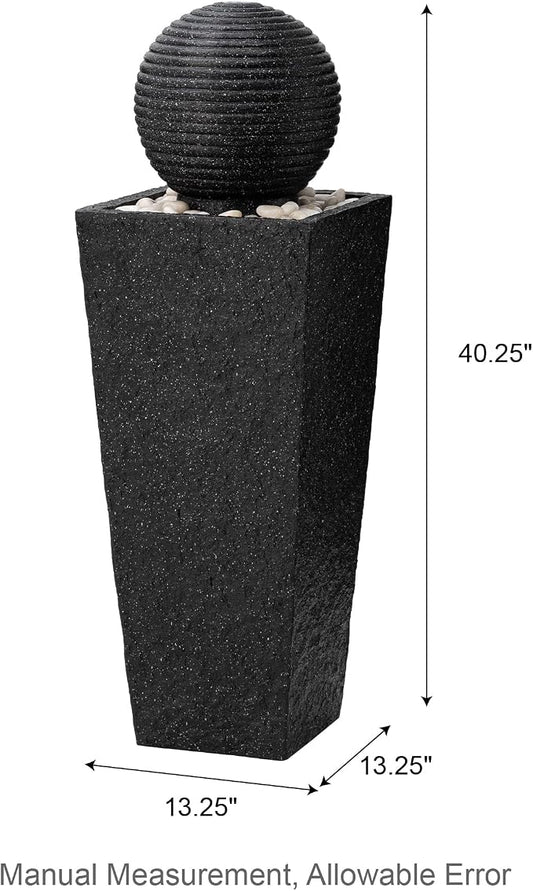 Glitzhome Outdoor Water Fountain with LED Light, Oversized Decorative Black Pedestal Water Fountains with Submersible Pump, Modern Sphere Floor Fountain with Pebbles for Garden Patio Decor, 40.25" H