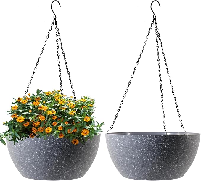 WSMKSZ 10 inch Hanging Planters for Outdoor Indoor Plants with Drainage Holes and Chain, 2 Pack Round Hanging Flower Plant Pots for Garden Home Porch Decor, Speckled Grey