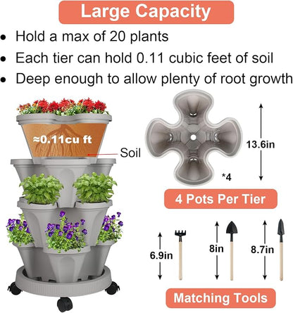 GameXcel Vertical Planter Tower - 4 Tier Stackable Garden Planters with Wheels and Tools Plant Pots for Strawberry Herb Flower and Vegetable Indoor Outdoor Use Gray