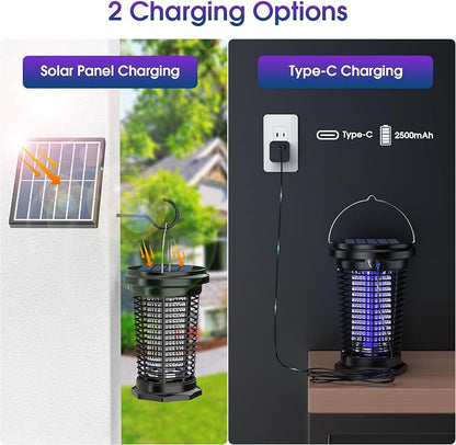 Solar Bug Zapper Outdoor & Indoor with 1.5W+4.5W Dual Solar Panel 2026, USB Rechargeable Electric Mosquito Zapper for Flies Gnats Moths, Fly Trap for Home, Patio, Backyard, Camping, Garden
