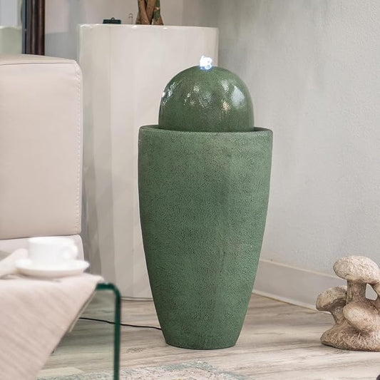XBrand 25.98" Modern Sphere Water Fountain with LED Light – Indoor Outdoor Stone Texture Floor Fountain, Zen Bubbling Ball Water Feature for Garden Patio Porch - Green
