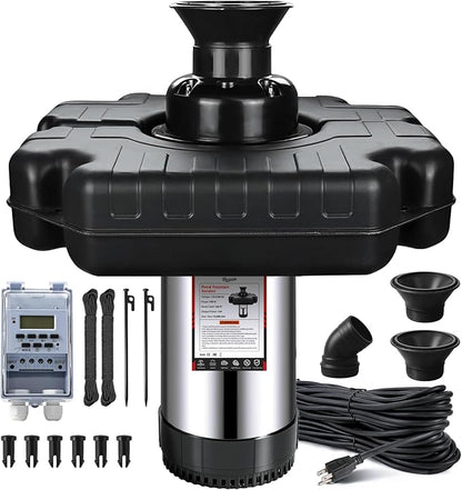 Pond Fountain Aerator, 1HP 110V 750W 15000 GPH Stainless Steel Floating Aerating Fountain Pump with 100 FT Power Cord, Timer, 2 x 100 FT Traction Rope, Powerful Lake Pond Aerator for Larger Ponds