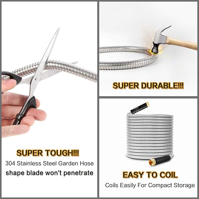 Flexible Metal Garden Hose 100ft-Heavy Duty Water Hose with Durable 304 Stainless Steel and 10 Way Spray Nozzle-Strong 3/4'' Solid Brass Fitting-Outdoor Yard No Kink Lightweight Long Hose Pipe