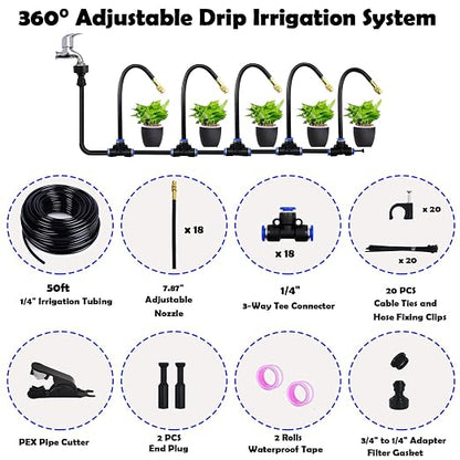 50ft Drip Irrigation System with 18pcs 360° Adjustable Misting Sprinkler Kit, Garden Watering System for Raised Bed, Greenhouse, Patio, Yard
