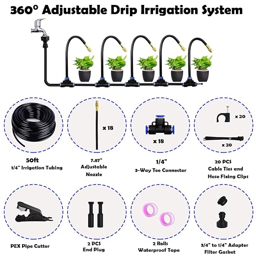 50ft Drip Irrigation System with 18pcs 360° Adjustable Misting Sprinkler Kit, Garden Watering System for Raised Bed, Greenhouse, Patio, Yard