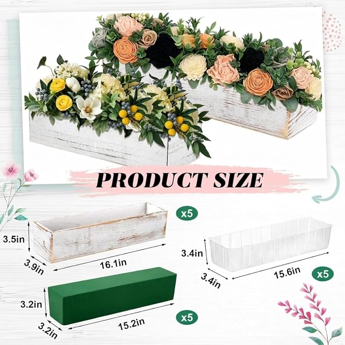 Dandat 5 Set Wood Boxes for Centerpieces 16x4 Inch Rectangle Wooden Planter Box Rustic Wooden Planters with Removable Plastic Liner Floral Foam Blocks for Christmas Wedding Home Garden Decor(White)