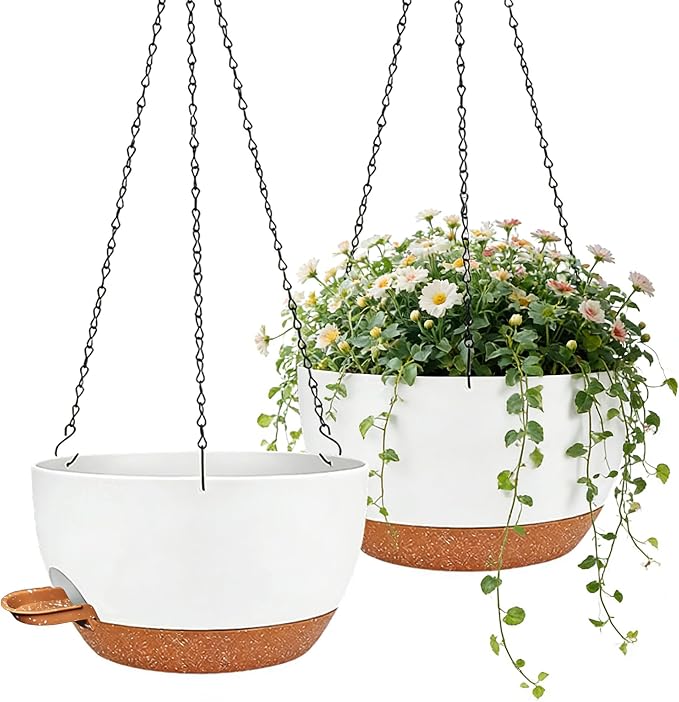 12 Inch Self Watering Hanging Planters 2 Pack, White Brown | Plastic planters with drainage holes and saucers. Suitable for indoor, outdoor, kitchen, balcony and garden plant decor.