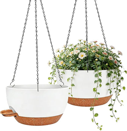 12 Inch Self Watering Hanging Planters 2 Pack, White Brown | Plastic planters with drainage holes and saucers. Suitable for indoor, outdoor, kitchen, balcony and garden plant decor.