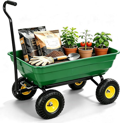 Heavy Duty Garden Dump Cart - 600lbs Load Capacity, 10" All-Terrain Wheels, Quick-Release System, Durable Poly Bed, 180° Rotating Handle, Yard Cart for Landscaping, Farm, and Outdoor Work