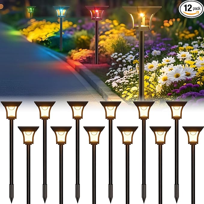 CINOTON 12 Pack RGBCW Solar Pathway Outdoor Lights, 3 Lighting Modes Solar LED Garden Lights, IP65 Waterproof Outside Solar Powered Landscape Lighting for Planter Lawn Pool Balcony RGB/Warm/Cold White
