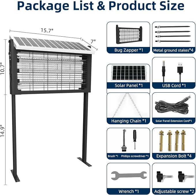 Solar Bug Zapper Outdoor for 3000 sq.ft, Waterproof Mosquito Zapper, Rechargeable Fly Zapper with 3 LED Tube,Cordless Solar Mosquito Killer for Patio Yard Garden Camping with 13W Solar Panel (9023B)