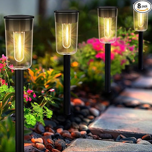 Qualdout 8 Pack Solar Pathway Lights Outdoor, Warm White Solar Garden Lights, IP65 Waterproof Solar Powered Landscape Lights with Auto On/Off, Clear Lens Path Lights for Walkway Yard Patio Driveway