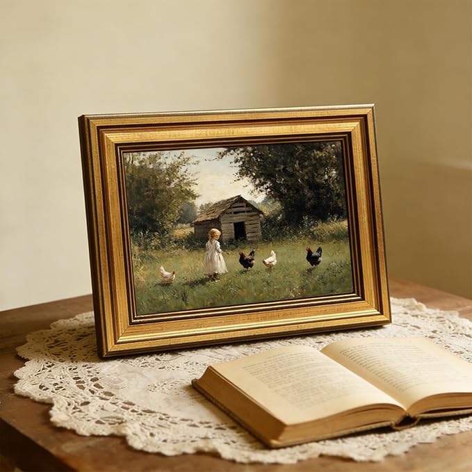Devunaty Gold Framed Country Canvas Wall Art, Vintage Farm Girl with Chickens Poster Print, Rustic Landscape Painting Picture, Pastoral Farmhouse Artwork Wall Decor for Bedroom Nursery Bathroom 9x11in