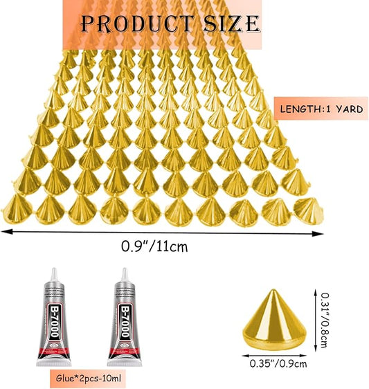 1 Yard Spike for Crafts Stude for Clothing, Gold Spike Stud with Glue, Cone Flatback Plastic Trim Mesh for Holloween Party Decoration Costume DIY Crafts