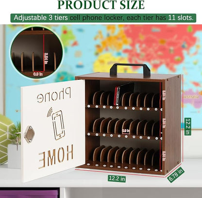 Echaprey Cell Phone Holder Classroom Adjustable 33 Slots Pocket Chart Wooden Cell Phone Storage Cabinet with Handle and Lock Desktop Cell Phone Holder for Classroom Office (Black Walnut)
