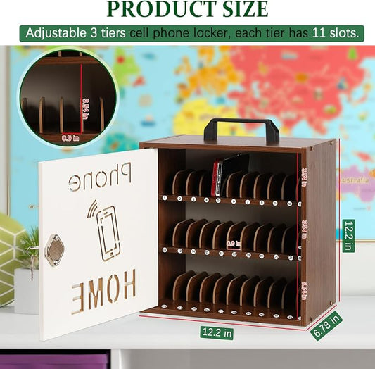 Echaprey Cell Phone Holder Classroom Adjustable 33 Slots Pocket Chart Wooden Cell Phone Storage Cabinet with Handle and Lock Desktop Cell Phone Holder for Classroom Office (Black Walnut)