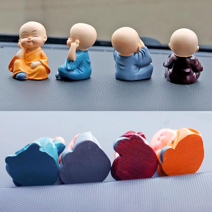 4PCS Cute Kung Fu Monk Statue Miniature Buddha Figurine Wise Figure Little Monk Sculpture Collectibles Crafts Arts Zen Ornaments Wall Shelf Desktop Garden Home Office Car Decoration Gift (A)