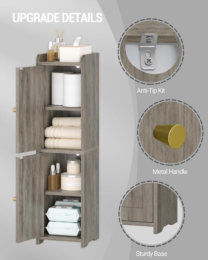 Hzuaneri Bathroom Storage Cabinet, Small Corner Floor Cabinet with 2 Doors and Adjustable Shelf, Narrow Toilet Paper Cabinets, Bathroom Organizer for Small Spaces, 7.9" D x 7.9" W x 29.5" H Greige