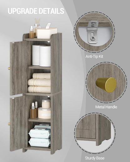 Hzuaneri Bathroom Storage Cabinet, Small Corner Floor Cabinet with 2 Doors and Adjustable Shelf, Narrow Toilet Paper Cabinets, Bathroom Organizer for Small Spaces, 7.9" D x 7.9" W x 29.5" H Greige