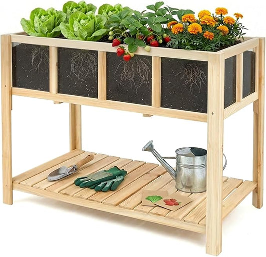 Raised Garden Bed Outdoor with Shelf, 43.7''x23.2''x30.7''Wood Planter Box with Transparent Window, Drainage Holes, Liner, Garden Beds Flower Stand for Balcony Kitchen, Gift for Gardening